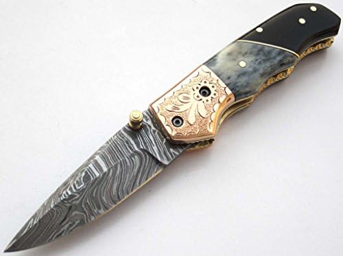 8739 Custom Handmade Damascus - Liner Lock - Folding Knife - Amazing File Work - With Sheath