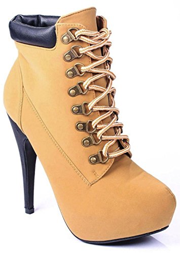 Com-1 Camel Lace Up Hidden Platform Ankle Stiletto Bootie-8.5