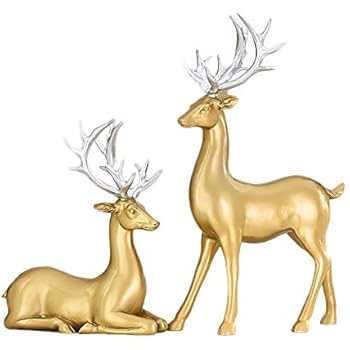 Olpchee 2pcs Resin Lucky Deer Decor Statues Christmas Reindeer Table Decor Animal Arts Crafts Decor Statues Home Office (Style C)