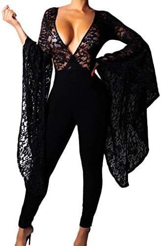 Orangeskycn Women Jumpsuits and Rompers Clubwear,Lace Flare Sleeve V-Neck Tight Zipper Jumpsuit