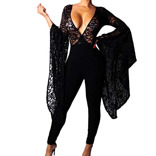 Orangeskycn Women Jumpsuits and Rompers Clubwear,Lace Flare Sleeve V-Neck Tight Zipper Jumpsuit