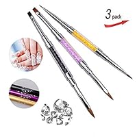 3PCS 2 in 1 Acrylic Nail Brush for 3D Nail Art Design DIY Manicure Pedicure Tips Dual Head Brush Rhinestone Handle Professional Nail Art Tools