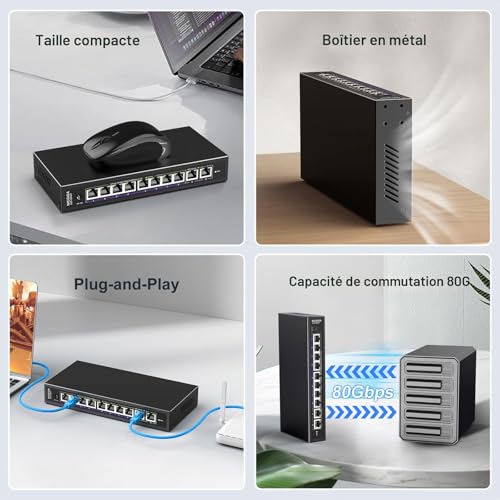 Unmanaged 10GbE Ethernet Switch with 2 RJ45 10Gb Ports 8 Ports 2.5Gb Base-T NICGIGA Network Switch 10 Ports 10Gbps for Wireless Access Point, NAS and PC.