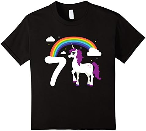 Kids 7th Birthday Girl Unicorn Rainbow Cloud Party T-Shirt Gift 6 Black
