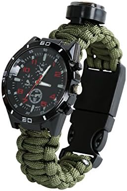 Thermometer Paracord Survival Compass Watch Bracelet Hiking Camping fire Starter, Whistle, Compass, Knife Fishing, Analog Watches, Water Resistant Adjustable - Army Green