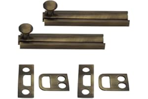 QCAA Solid Brass Surface Bolt, 4", Antique Brass Brushed, 2 Pack, Made in Taiwan