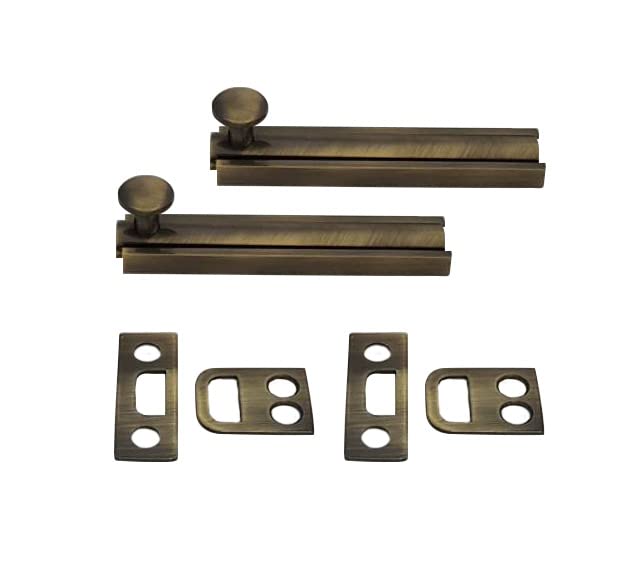 QCAA Solid Brass Surface Bolt 2", Antique Brass Brushed, Made in Taiwan, 2 Pack