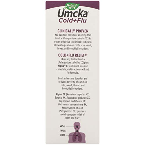 NATURE’S WAY UMCKA COLD AND FLU RELIEF SYRUP, FEVER*, SORE THROAT, COUGH, CONGESTION, BODY ACHES*, HOMEOPATHIC, PHENYLEPHRINE FREE, 0.05% ALCOHOL, BERRY FLAVORED, 4 FL OZ (PACKAGING MAY VARY)