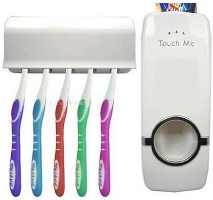 White Automatic Toothpaste Dispenser + 5 Toothbrush Holder Set Wall Mount Stand