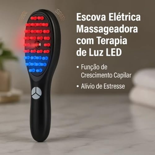 Escova Elétrica Massageadora Capilar com Luz LED – Estimula Crescimento, Reduz Queda e Frizz – Relaxamento e Brilho para Todos os Tipos de Cabelo