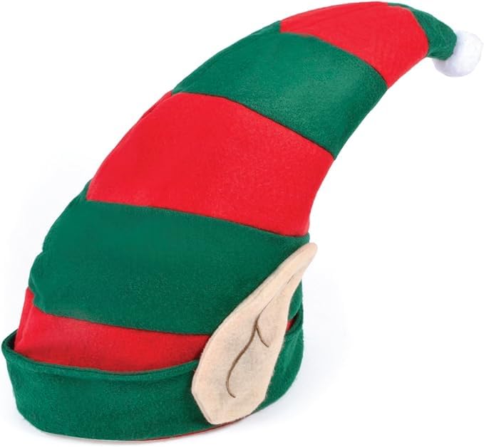 Christmas Elf Hat with Ears, Green and Red Striped, Adult Unisex, One Size