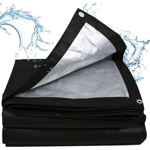 Gluckluz Heavy Duty Tarpaulin Sheet 220g/m² Thick Waterproof Tarp 3 * 4m 12 Mil Tear-Proof UV Resistant Cover with Reinforced Grommets & Edges for Outdoor Garden Car Patio Camping Pool (Black)