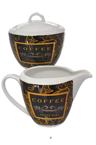 Fine Bone China Italian Large Black & Gold Scroll Sugar Bowl and Creamer Set