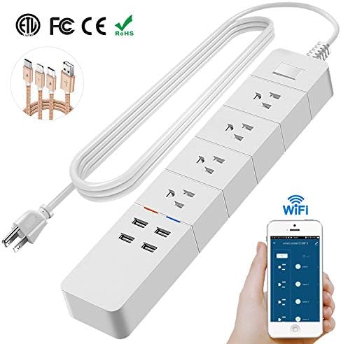 Smart Plugs, Surge Protector Power Strip with USB Ports, WiFi Wireless Voice Remote Control and Timing Function 4-Outlet 4-USB Port 6 ft Extension Cord, Compatible with Alexa/Google Home/IFTTT-White