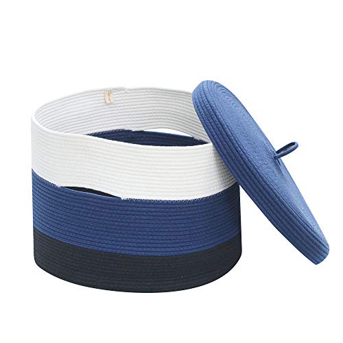 Extra Large Blue Cotton Rope Woven Basket for Laundry,Toys,Blankets,Pillows with Lid