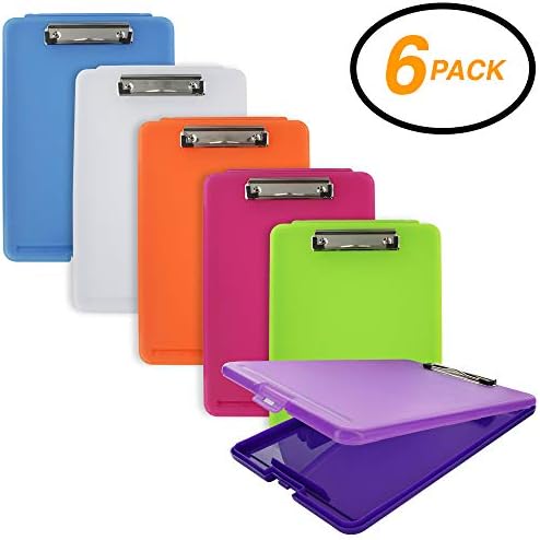Emraw Plastic Translucent Clipboard Pack with Storage Case Box Letter Size Paperboard Assorted Colored Hardboard Set Low Profile Clip, Wall Mount Clip Boards, 6 Pack