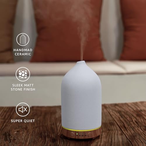 Gooamp 200ML Ceramic Essential Oil Diffuser for Home Humidifier | Ultrasonic Aromatherapy Diffuser Humidifier 7 Color LED Lights,Auto Shut-Off,3 Timers for Bedroom,Office,Yoga,Wood Grain Base