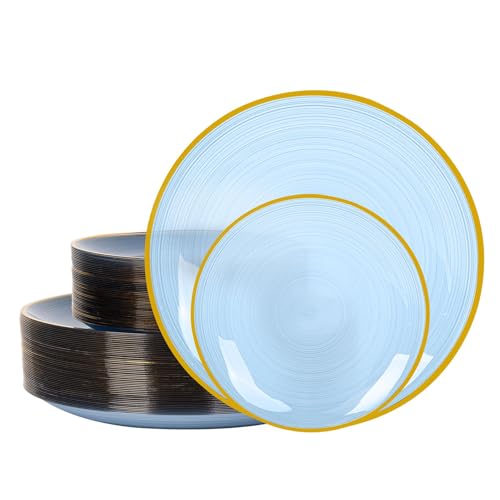Photo 1 of 100PCS Blue Plastic Plates-Crystal Design Blue Disposable Plates with Gold Rim, Fancy Disposable Plates Include 50 Dinner Plates, 50 Dessert/Salad Plates for Party & Birthday
