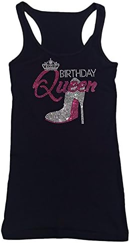 Women's Rhinestone Fitted Tight Snug Shirt Pink Birthday Queen with Heel