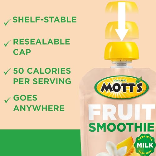 MOTT’S FRUIT SMOOTHIES VANILLA PEACH, 4.2 OZ CLEAR POUCHES, 8 PACK, MADE WITH MILK, MADE WITH REAL FRUIT, GOOD SOURCE OF CALCIUM, ON-THE-GO