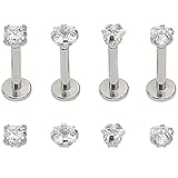 4PCS Labret Monroe Lip Ring/ Tragus/ Helix Earring Piercing,Surgical Steel Hypoallergenic Lead and Nickel Free, 8mm Bar Length 3mm Cubic Zirconia (4PCS:silver)