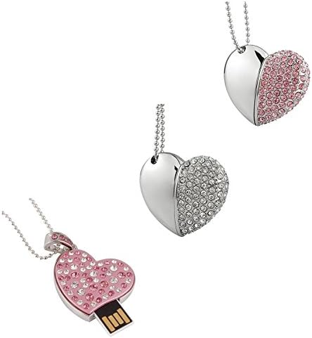 Shooo 3 Pack 32GB Mixed Rhinestone Metal Heart USB Flash Drive, Fashion Jewelry Bling Shiny Crystal Diamond pendant,with Necklace