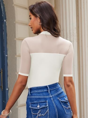 EASYGALA WOMEN DOUBLE LINED MESH TOPS MOCK NECK SHORT SLEEVE SHIRT SEXY SHEER TEES WHITE MEDIUM