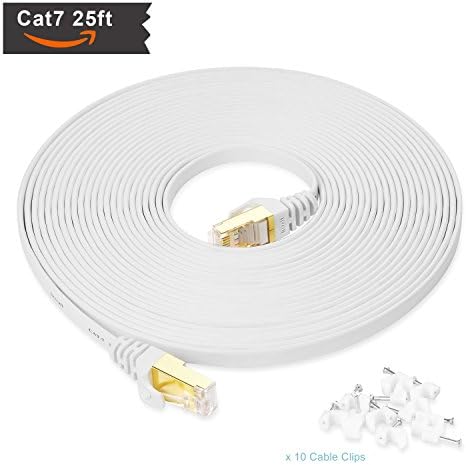 Cat7 Ethernet Cable 25 ft High Speed White – 10GB Fastest Shielded (STP) Computer Internet Cable - Ikerall Flat LAN Internet Wire with Snagless RJ45 Connectors– 25 feet White (7.63 Meters)