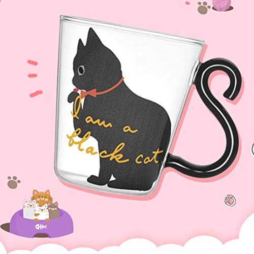 Cute Kitty Glass Water Cup Cat Tail Handle Mug Milk Tea Coffee Fruit Juice Mug Drinkware Home Office Cup Lovers Gifts - Black