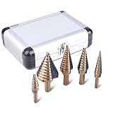 NOUVCOO 5PCS HSS Cobalt Titanium Step Drill Bit Set Tools, High Speed Steel Total 50 Sizes with Aluminum Case NC03