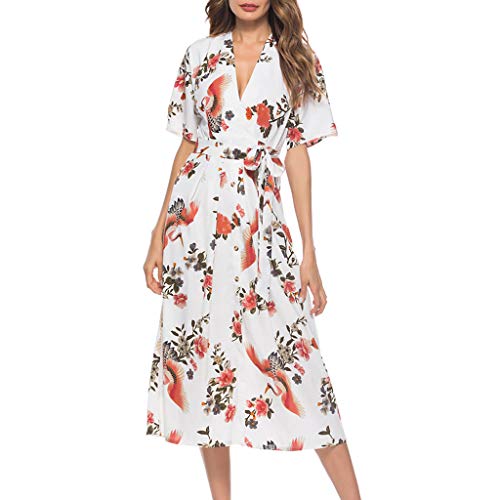 Witspace Women's Vintage Print Short Sleeve Ladies V-Neck Casual Mid-Calf Dress