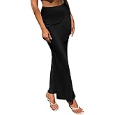 Yazinie Womens High Waisted Satin Skirt Midi Silk Skirts for Women Trendy Business Casual Party Wedding Guest Maxi Skirt