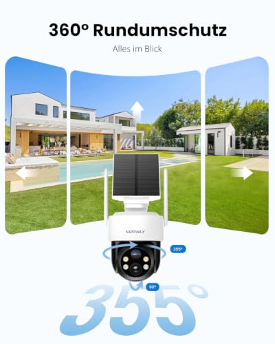 Mrowly 2K Überwachungskamera Aussen Solar, 2er Set, 360° PTZ WLAN | 2 Kameras für Eingang, Garten und Garage, Akku, abnehmbares Solarpanel, 2,4GHz WLAN, PIR, Farbnachtsicht, 2-Wege-Audio, IP66
