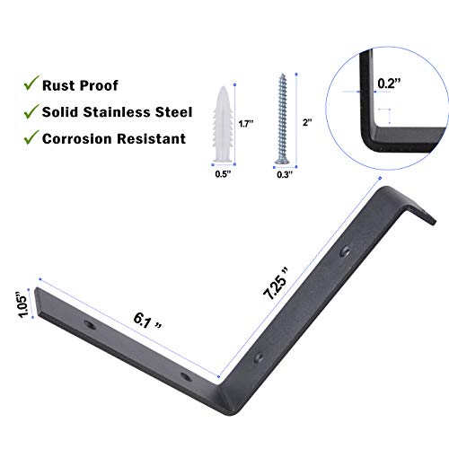 Heavy Duty Floating Shelf Lip Bracket Black J Wall Hook Solid Steel 4 Pack Rustic Decorative Bracket for Wood Boards Study Bedroom Kitchen (7.25"L x 6"H)