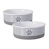 DII Bone Dry Paw Patch & Stripes Ceramic Pet Bowl for Food & Water with Non-Skid Silicone Rim for Dogs and Cats (Medium - 6" Dia x 2"H) Gray - Set of 2