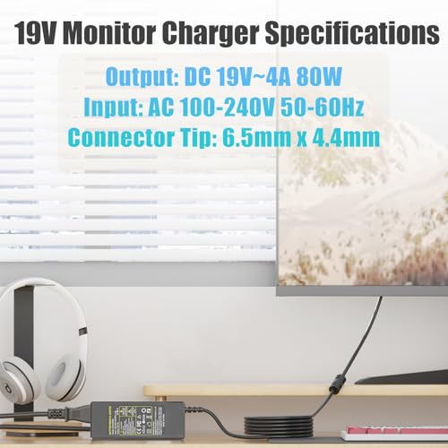 NATNO 80W 19V AC Adapter for LG Monitor Power Cord LG Electronics 32" 27" 24" 19" 20" 22" LCD LED HD TV 27GL83A-B 27MN60T-W 27ML600M, for Samsung TV Monitor 32" UN32J4000 UN32J4000AF UN32J5003 Charger