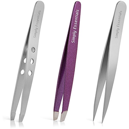 UPC 780873594942, Tweezers Set Of Three- Includes CASE With Mirror and Ebook - Pointed, Silver Slanted and Purple Slant Designs. Best Eyebrow Pluckers and Ingrown Hair. Great for Valentine&#39;s Day!