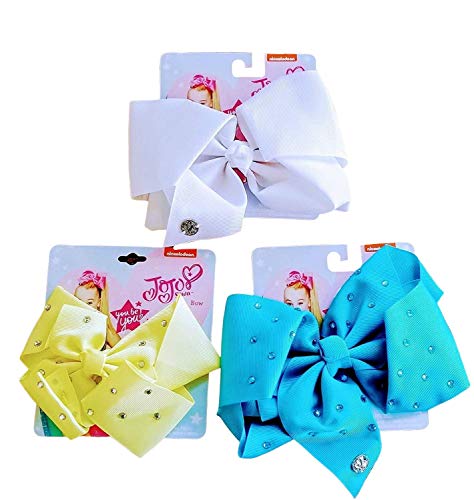 JoJo Siwa Cheer Hair Bows For Girls, White, Yellow, and Blue With Rhinestones, Large Hair Bows, JoJo Siwa Bows, Hair Bow, JoJo Bows, Cheer Bows, JoJo Bows For Girls, JoJo Siwa Clothes Accessories