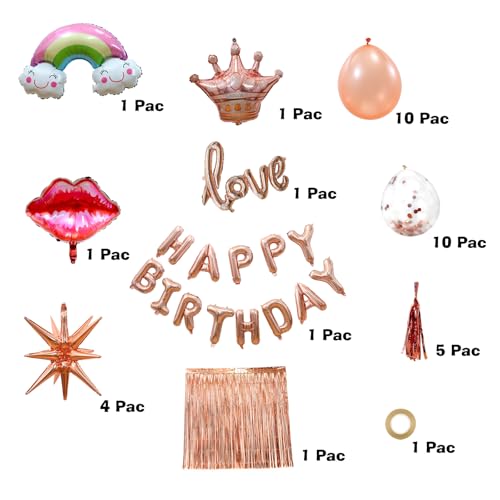 Pink Gold Birthday Party Decorations, Happy Birthday and Love Foil Letters Balloons, Pink Gold Fringe Curtain and Tassels, Stellate and Rainbow Balloons for Princess Party