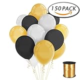 150 Pack 12 Inches Gold Black White Latex Balloons with Curling Ribbon for Party Decorations by Paxcoo