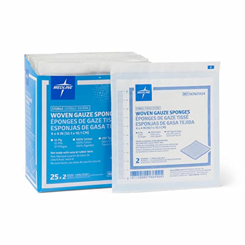 Medline 100% Cotton Woven Sterile Gauze Sponges, 4" x 4", 12-Ply, Ideal for Wou…