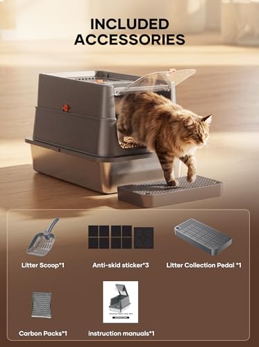Extra Large Stainless Steel Cat Litter Box with Lid, Enclosed High Sided Metal Litter Pan for Large & Multiple Cats, Dog Proof, Non-Sticky, Anti-Leakage, Easy Clean with Scoop & Step, Dark Grey