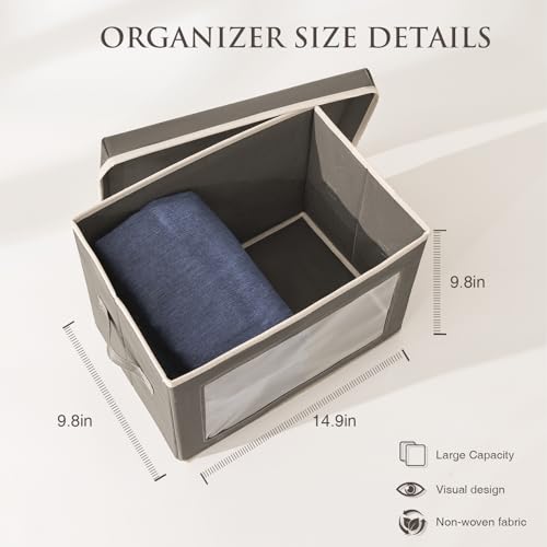 Homsorout Fabric Storage Boxes with Lids - 3 Pack Wardrobe Storage Organiser Bins with Transparent Window, Foldable Cube Storage Baskets for Toy, Clothes, Shoe, Books, Dark Grey