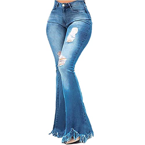 Women Bell Bottom Jeans Fashion Elastic Waist Ripped Flared Jean