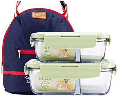 Glass Lunch box,Bento box With lunch bag,Portable Food container For salad Microwave,Meal prep containers 2 compartment,For adults-A 18.8x13.2x6.8cm(7x5x3in)
