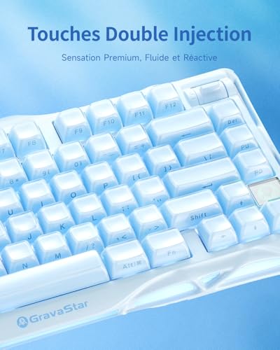 GravaStar Mercury K1 75% Clavier Gaming Blue, Clavier Mécanique en Alliage d’Aluminium, Gasket Mount Hot-Swap, Switchs Linéaires, Rétroéclairage RGB, Sans Fil pour Jeu, Bureau et Cadeaux