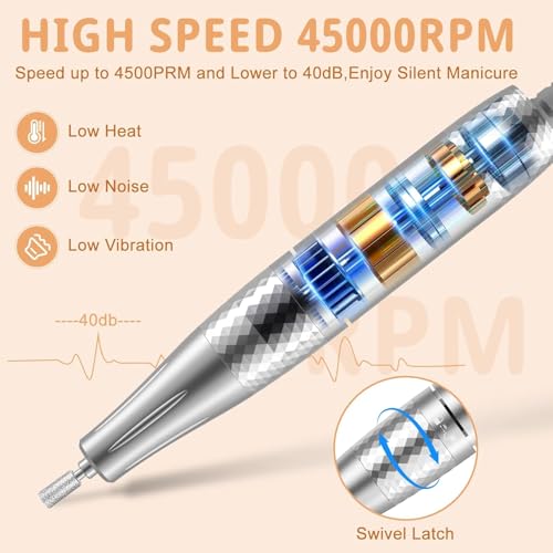 Youtelit Nail Drill 45,000RPM, 13 in 1 Electric Nail File for Acrylic and Gel Nails, Rechargeable Nail Drill Machine, Manicure Pedicure Kit with 12 Bits, LCD Display, Touch Button, Clean Brush (White)