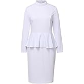 FAD-4U Church Clergy Dress for Women Minister Long Sleeve Ruffle Slim Pencil Dress with Tab Insert Stand Collar