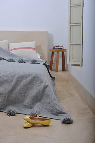 Miss Grey. Moroccan Pom Pom Blanket Throw, Quilt, Bedding, Cotton. Small (59 x 59 inches / 1.5 x 1.5 m)
