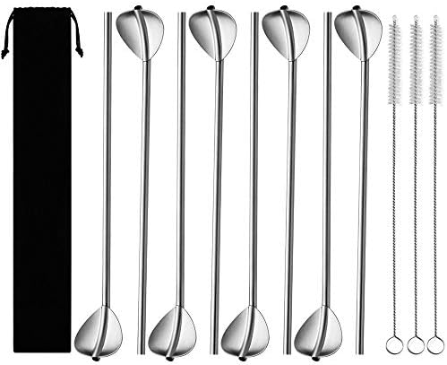 Kbnian 8 Pcs Reusable 304 Stainless Steel Straws Heart Sharp Mixing Stirring Spoon + 3 Pcs Cleaning Brush + Portable Storage Bag Eco-Friendly Metal Straws for Drinking Mojito Cocktail Beverage Bar